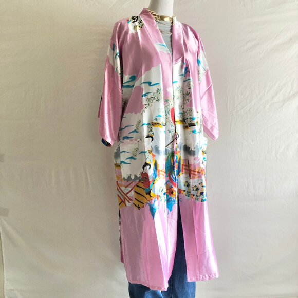 Boho Japanese Geisha Scene Satin Robe - Picture 5 of 8